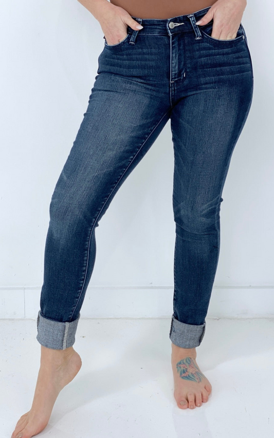 "Olivia" Mid-Rise Long Inseam Pin Tack Skinny Jeans