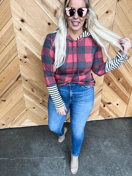 Buffalo Plaid & Stripe Pullover Hoodie