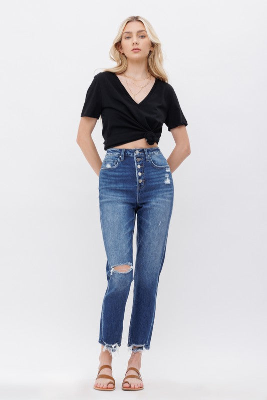 Super High Rise Button Fly Mom Denim Jeans - Mica