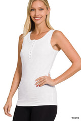 Ribbed Button Scoop Neck Tank Top - Final Sale