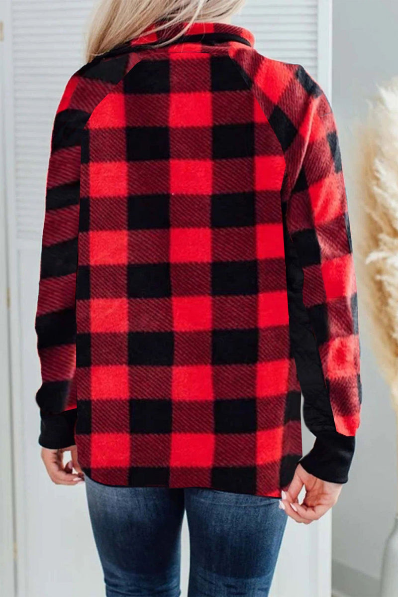 Red Long Sleeve Plaid Paneled Sweatshirt