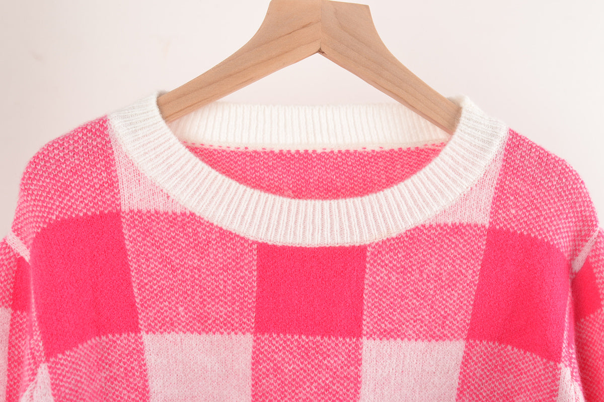 Crew Neck Long Sleeve Plaid Knit Sweater