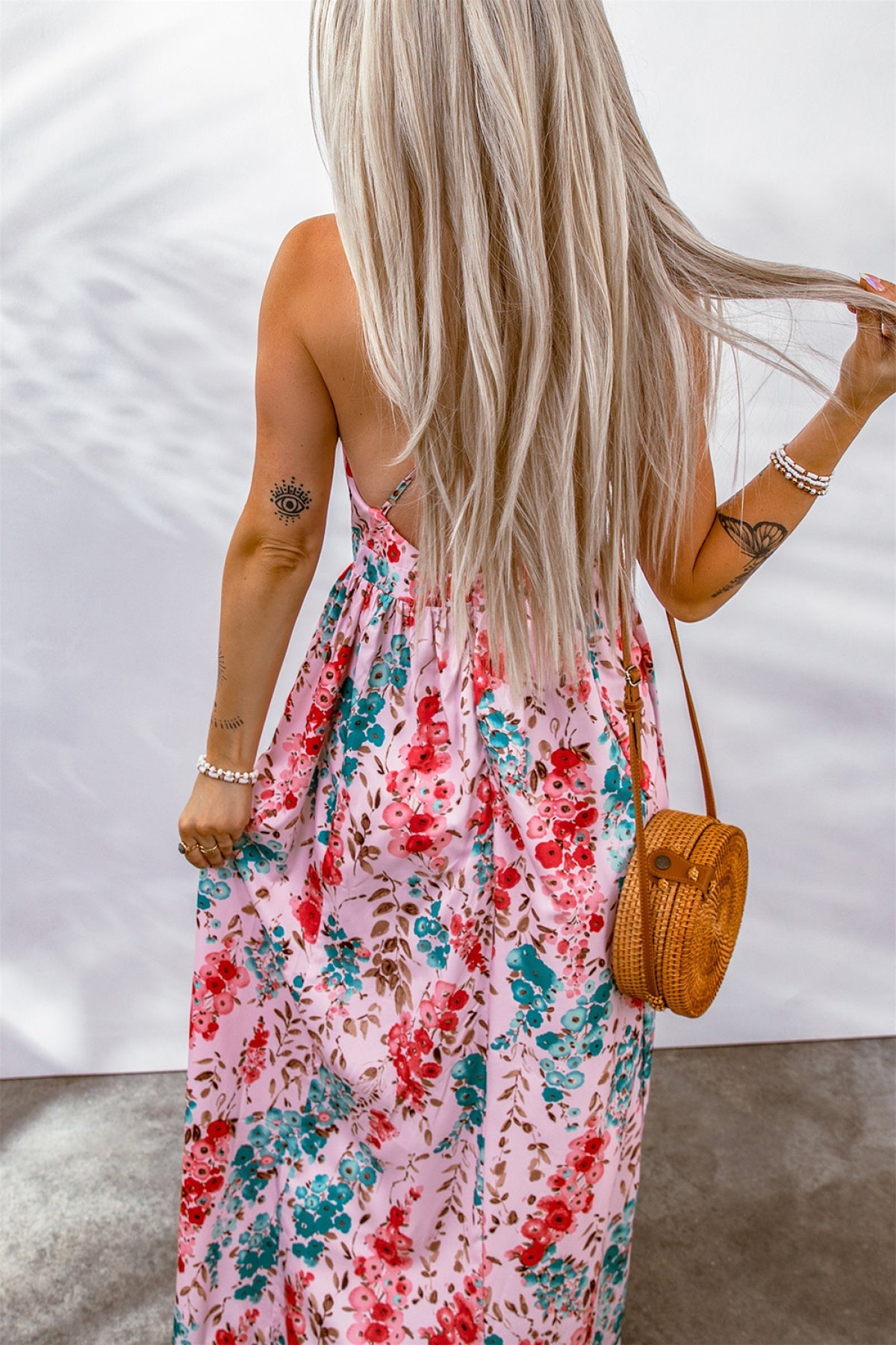 Pink Printed Pleated V Neck Crossed Strappy Back Dress