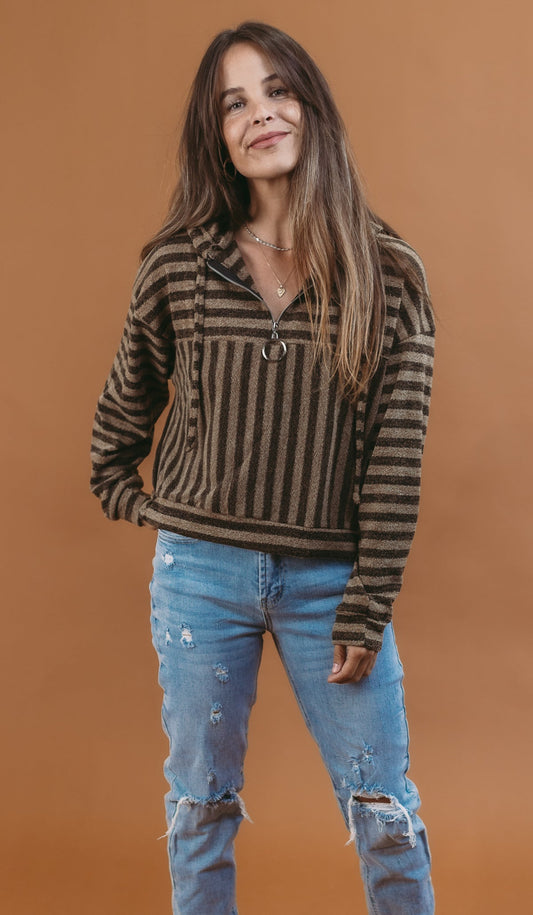 White Birch Stripe Long Sleeve Hooded Knit Top