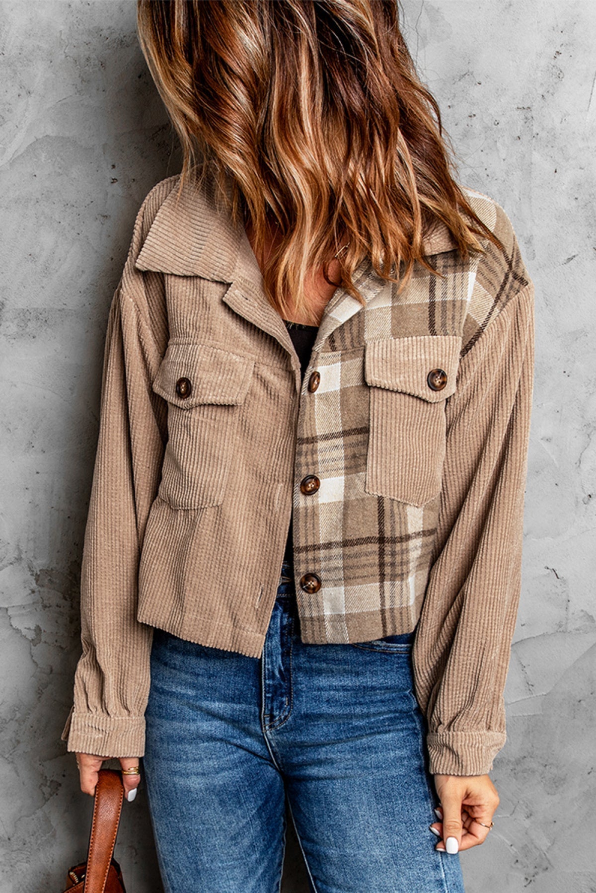 Khaki Plaid Patchwork Corduroy Cropped Jacket