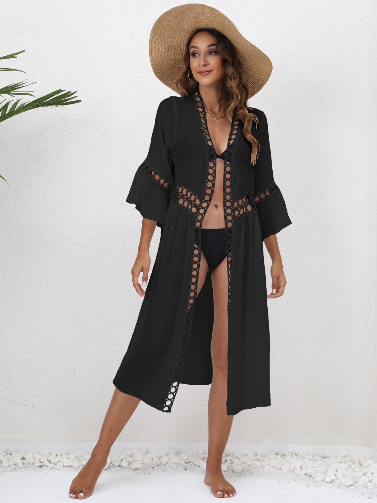 Sheer Crochet Solid Beach Kimono