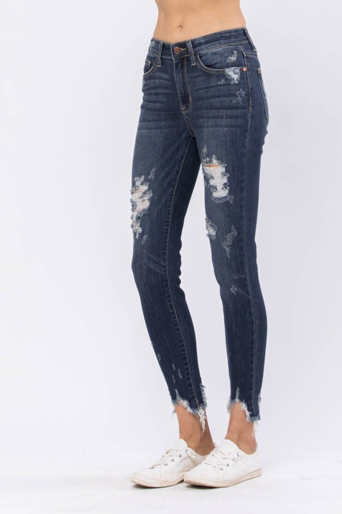 Judy Blue Mid-Rise Destroyed Hem Shark Bite Skinny Jeans