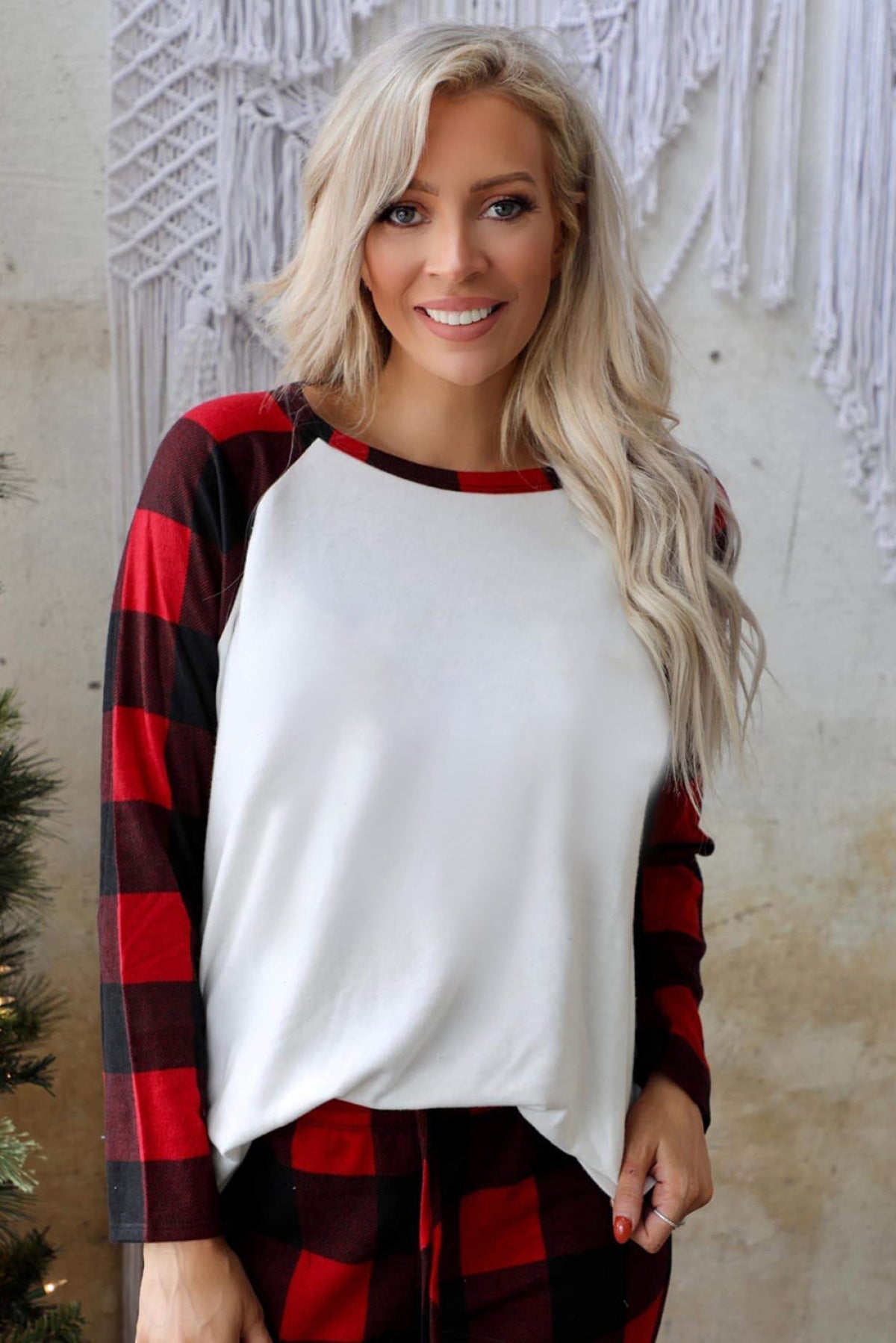 Red Plaid Raglan Sleeves Top And Drawstring Pants Lounge Set