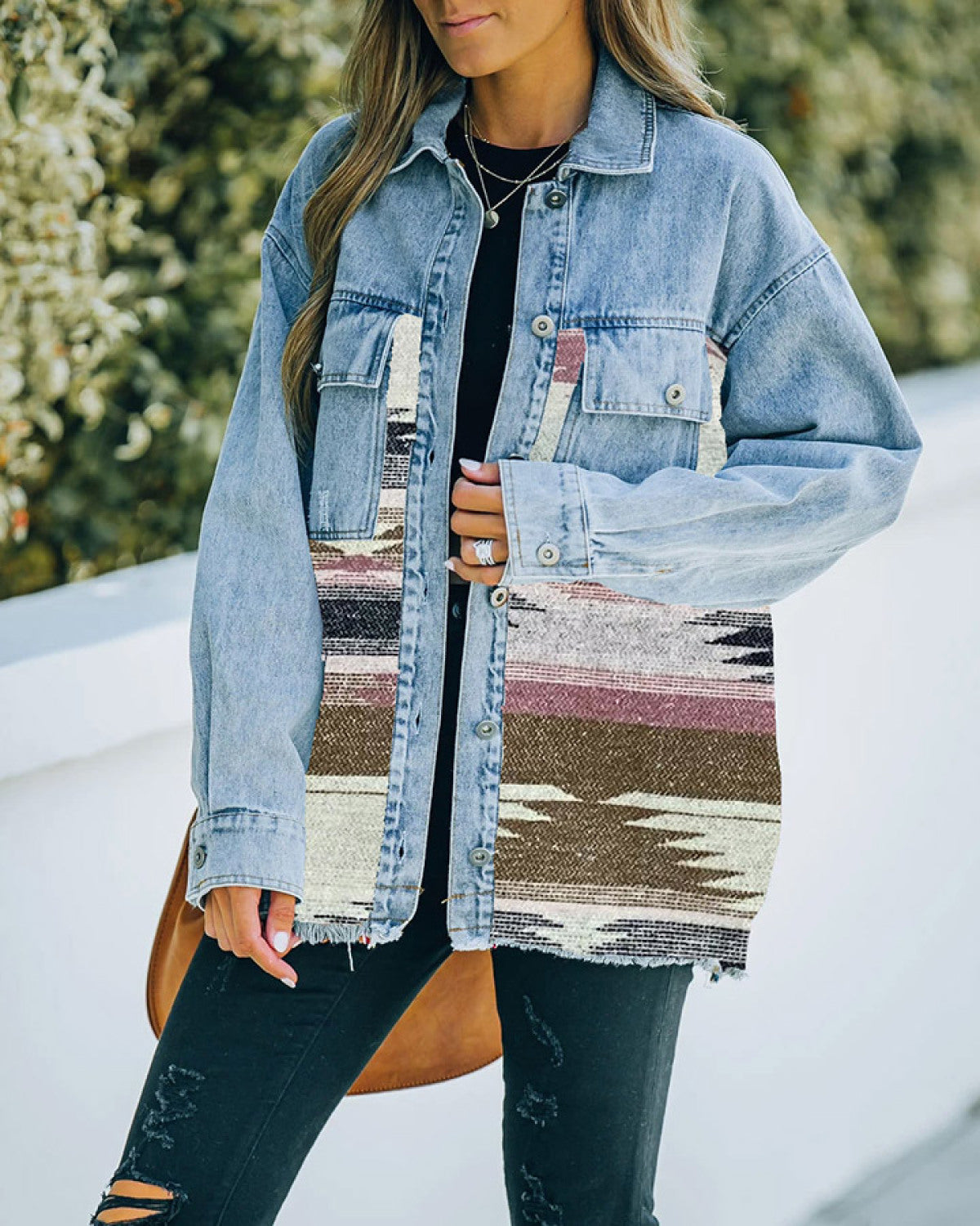 Retro Long Sleeve Colorblock With Pocket Denim Jackets