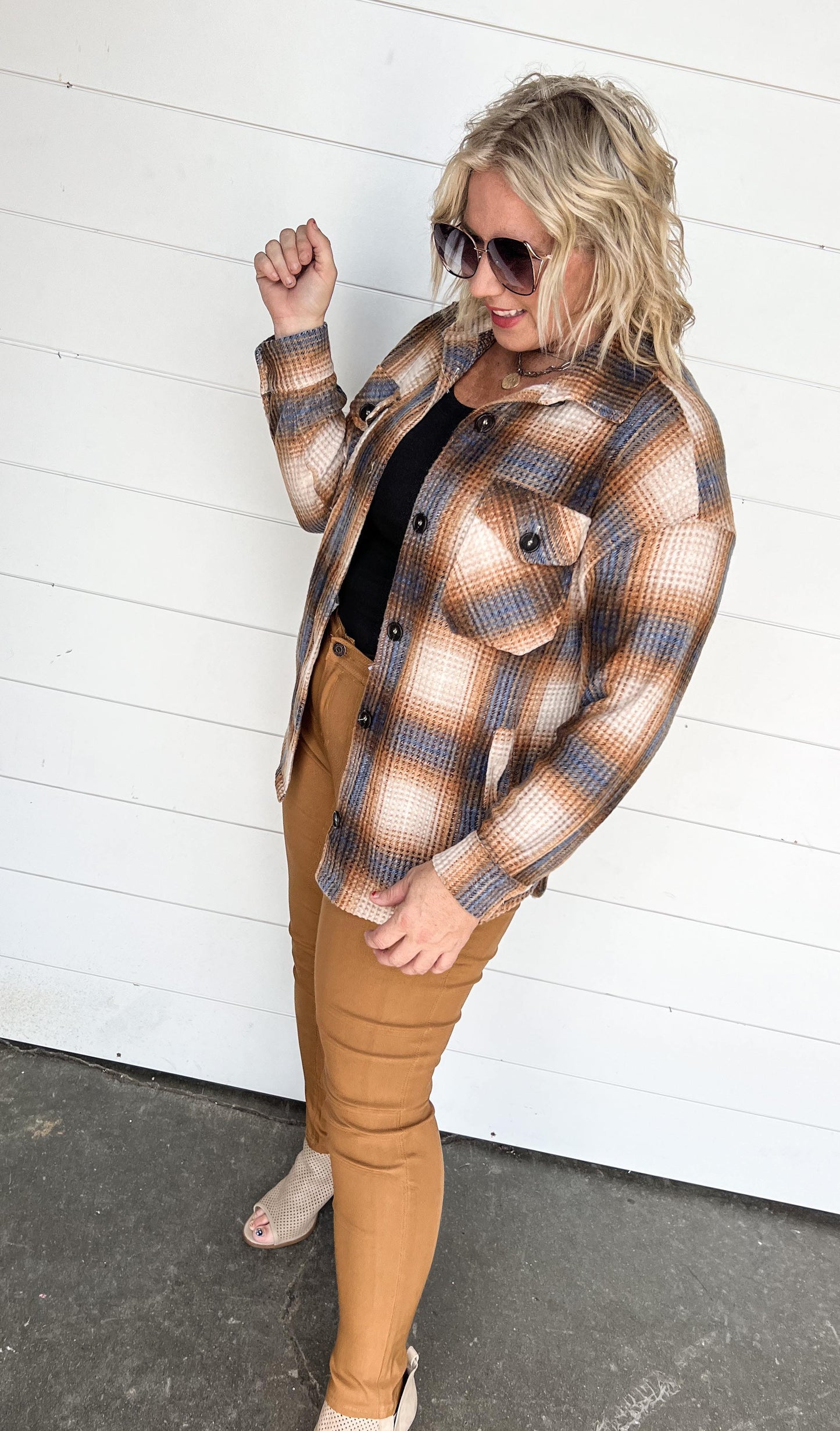 Camel plaid waffle texture top