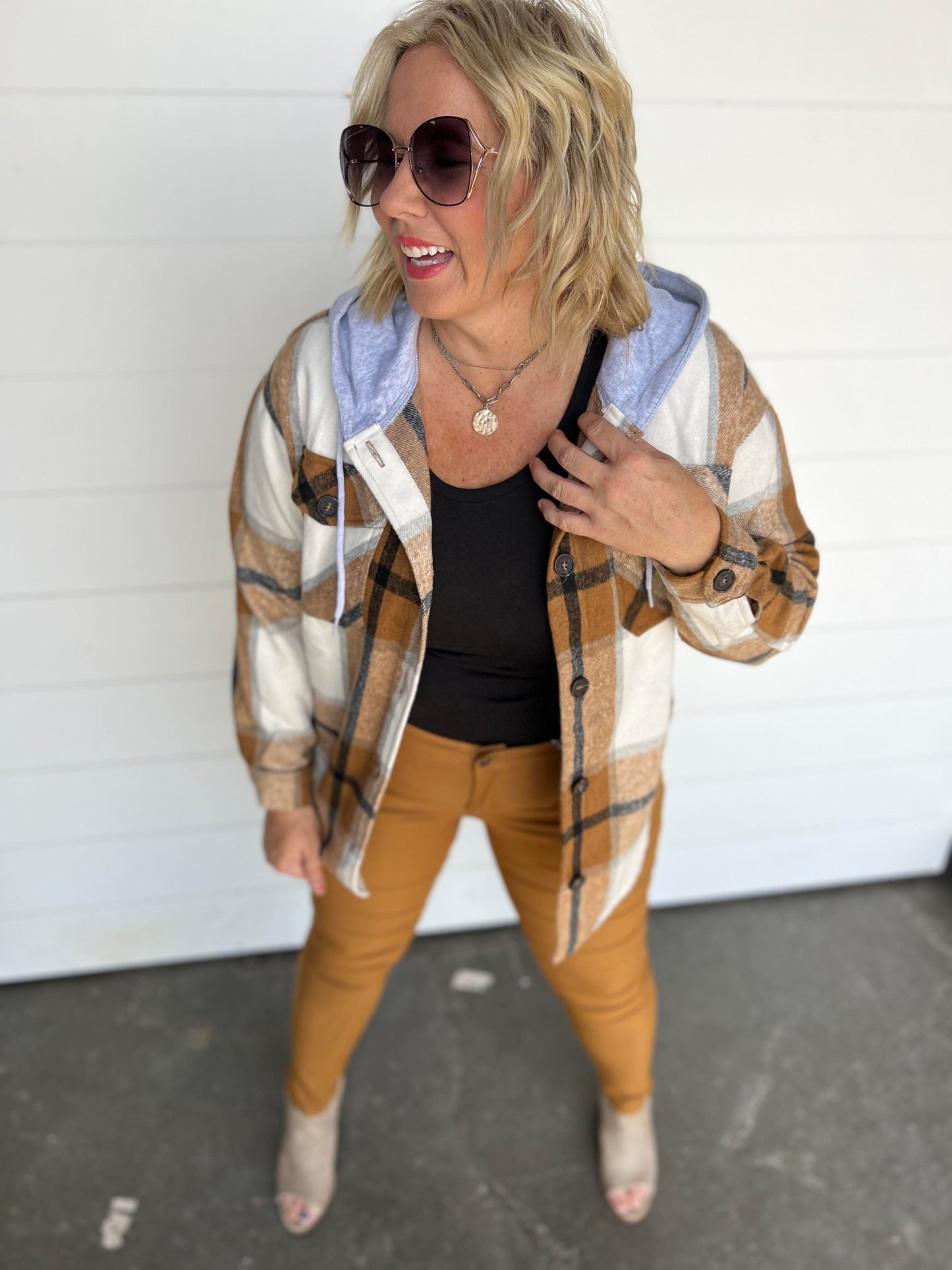 Deep Camel Plaid Shacket with hood