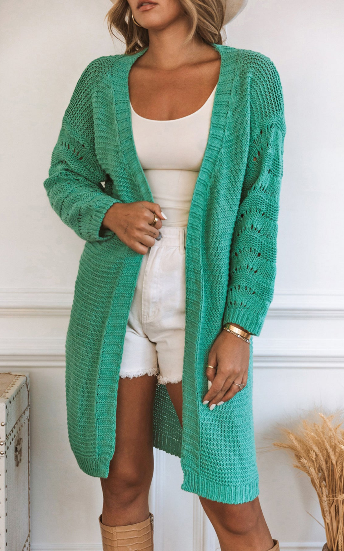 Green Solid Color Knitted Open Front Cardigan