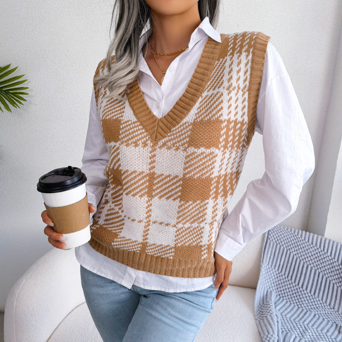 Colorblock Plaid Knit Vest