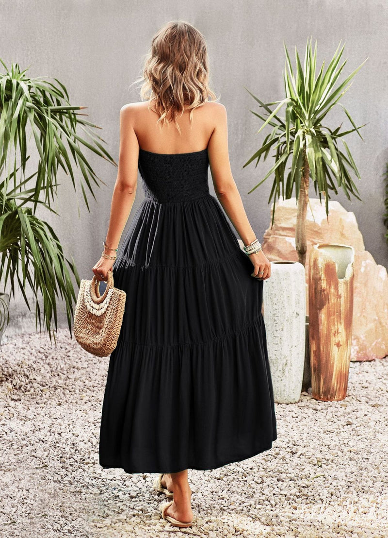 Strapless Buttoned Pleated Tiered Dress With Pocket