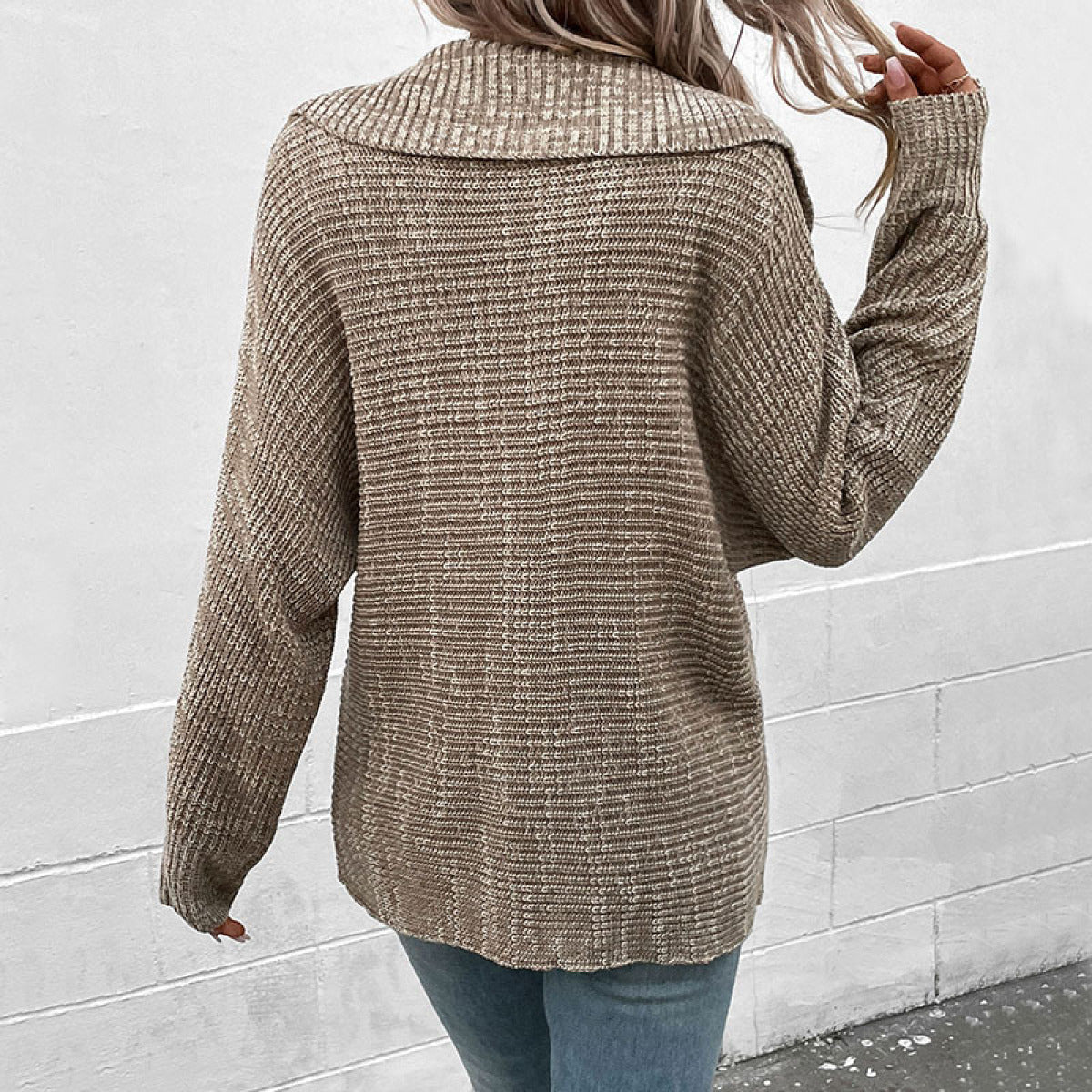 Khaki Collared Neck Long Sleeve Sweater