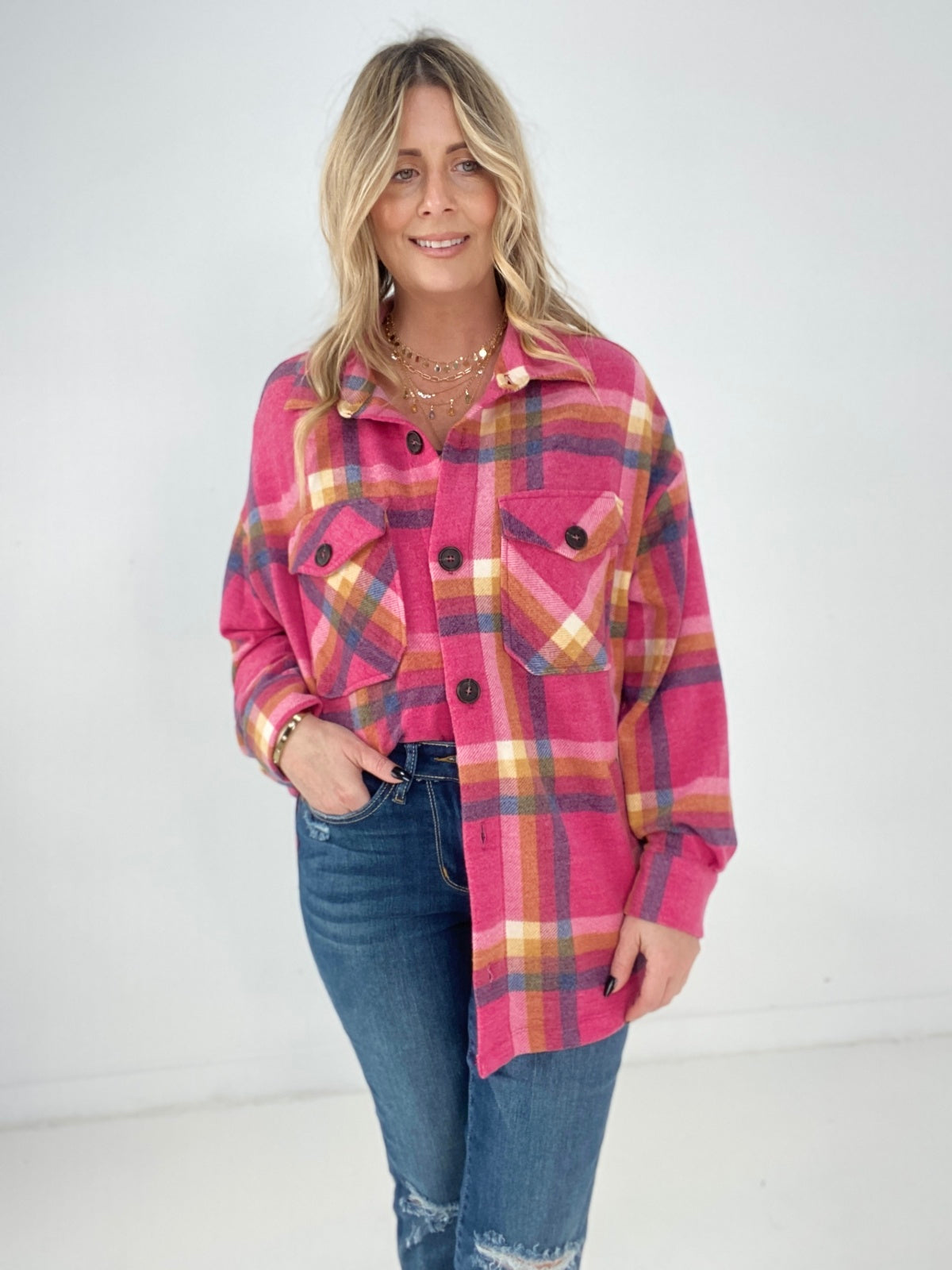 magenta Zenana Full Size Oversize Plaid Shacket with Pockets