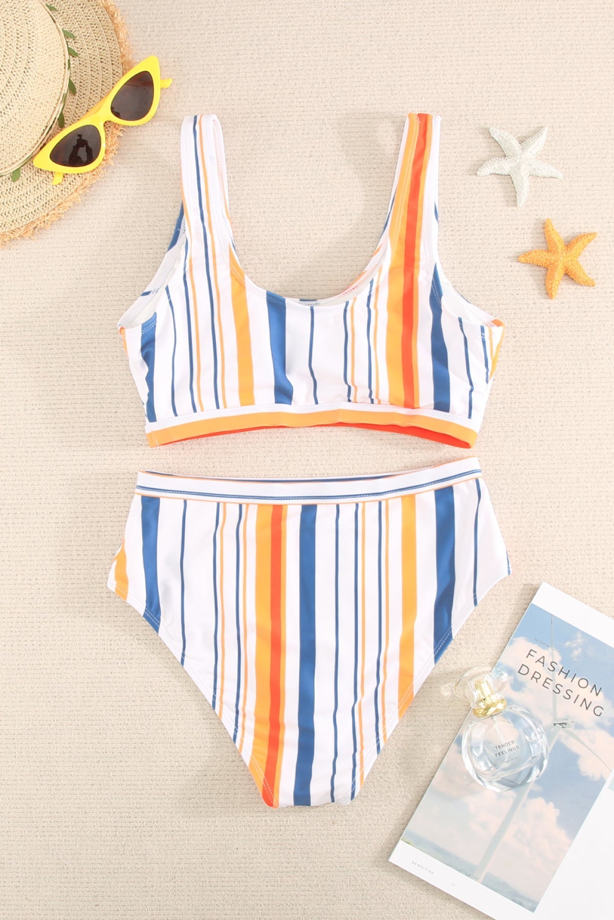 Striped Print U Neck Mid Waist Bikini Swimsuit