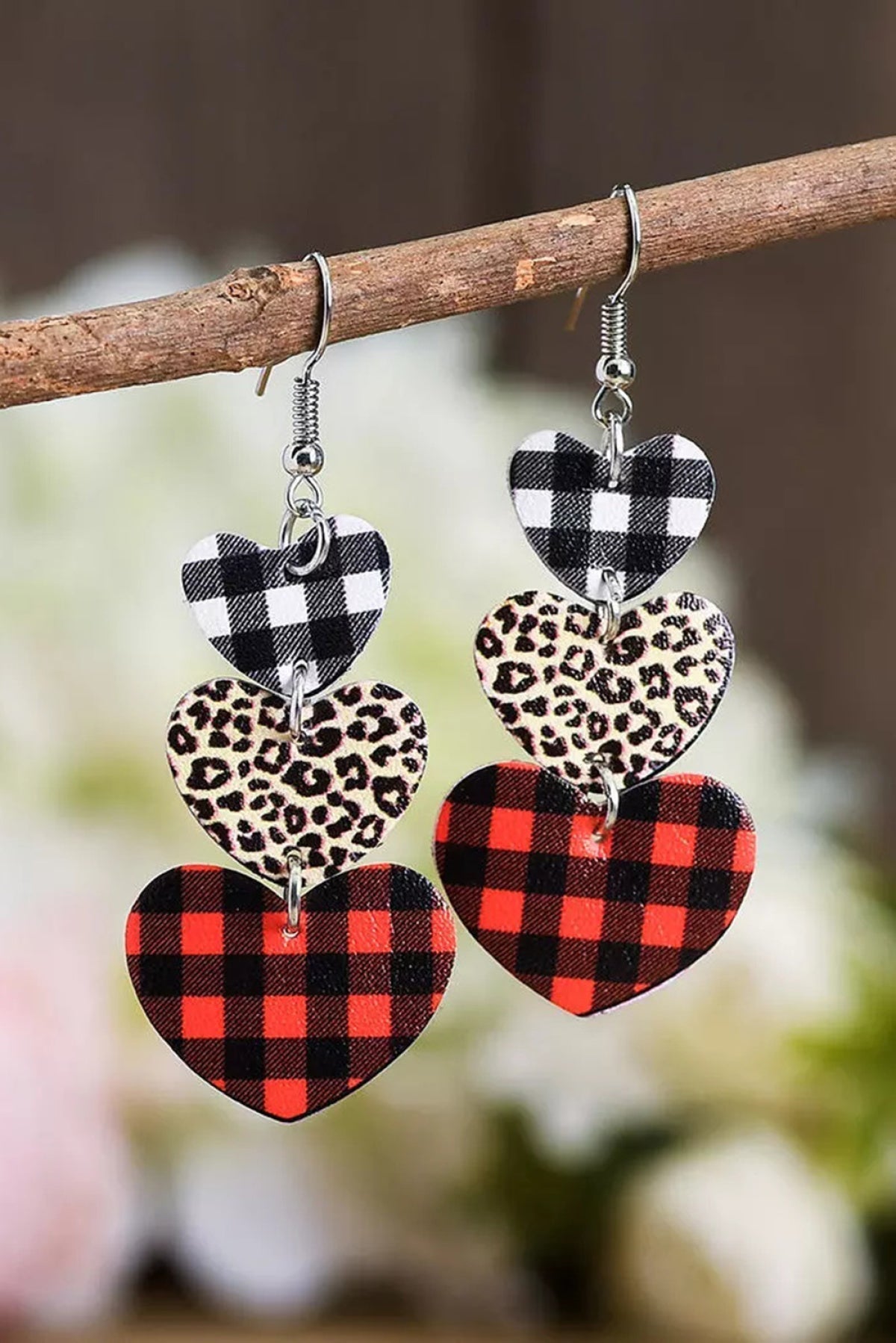 Plaid Leopard Heart Shaped Dangle Earrings