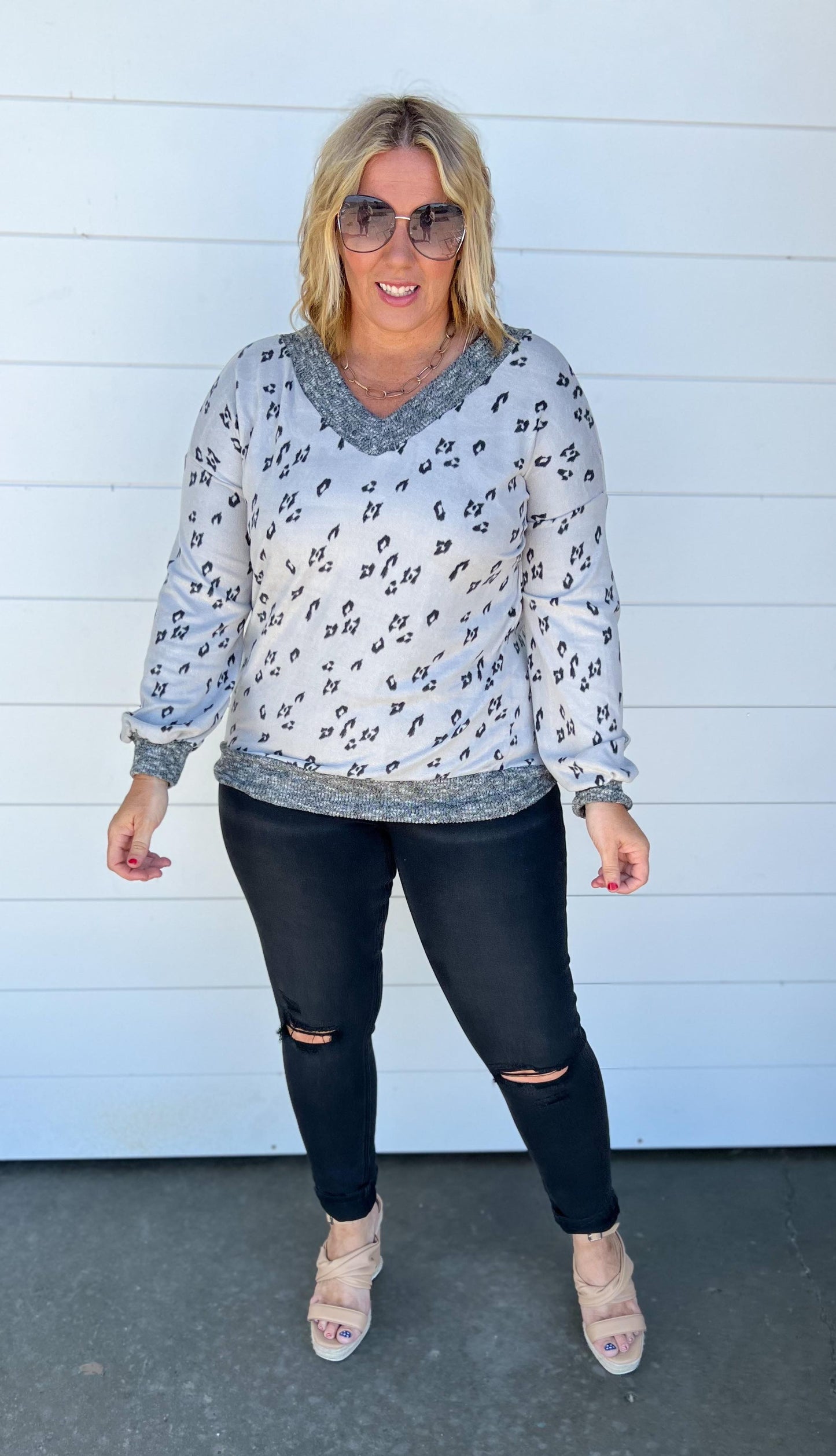 Leopard Contrast Long Sleeve Top - Final Sale