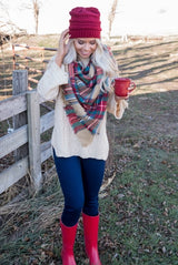 Plaid Blanket Scarf -Red/Taupe/Green - BAD HABIT BOUTIQUE 