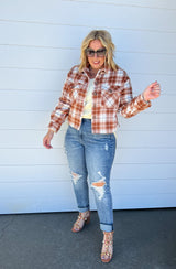 plaid button down cropped shacket in clay and ivory
