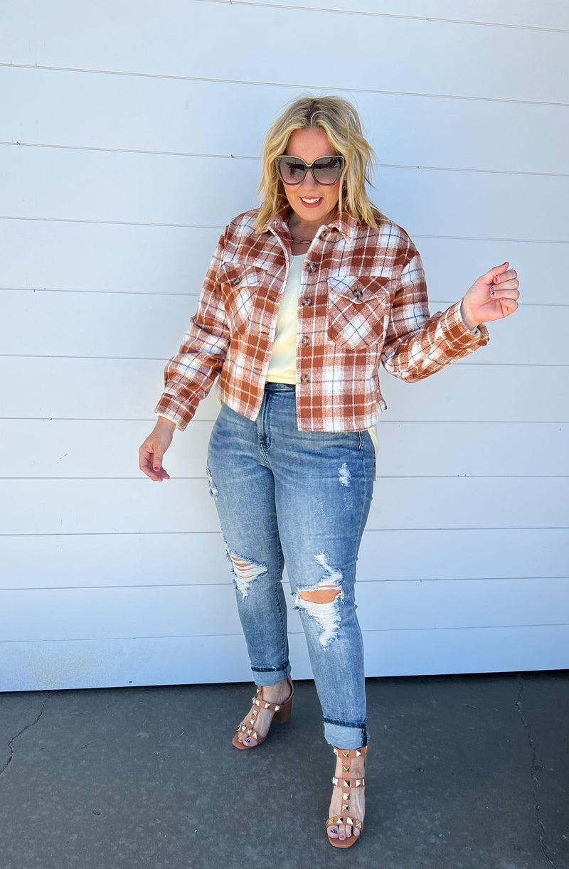 plaid button down cropped shacket in clay and ivory