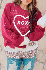 Red XOXO Heart Graphic Print Leopard Bleached Sweatshirt