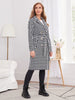 Collared Neck Long Sleeve Double-Breasted Tie Waist Houndstooth Coats