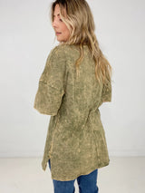 Olive Zenana Acid Wash Front Pocket Raw Edge Top