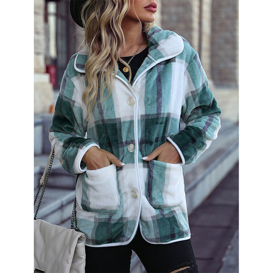 Collared Plaid Button Up Fleece Jacket