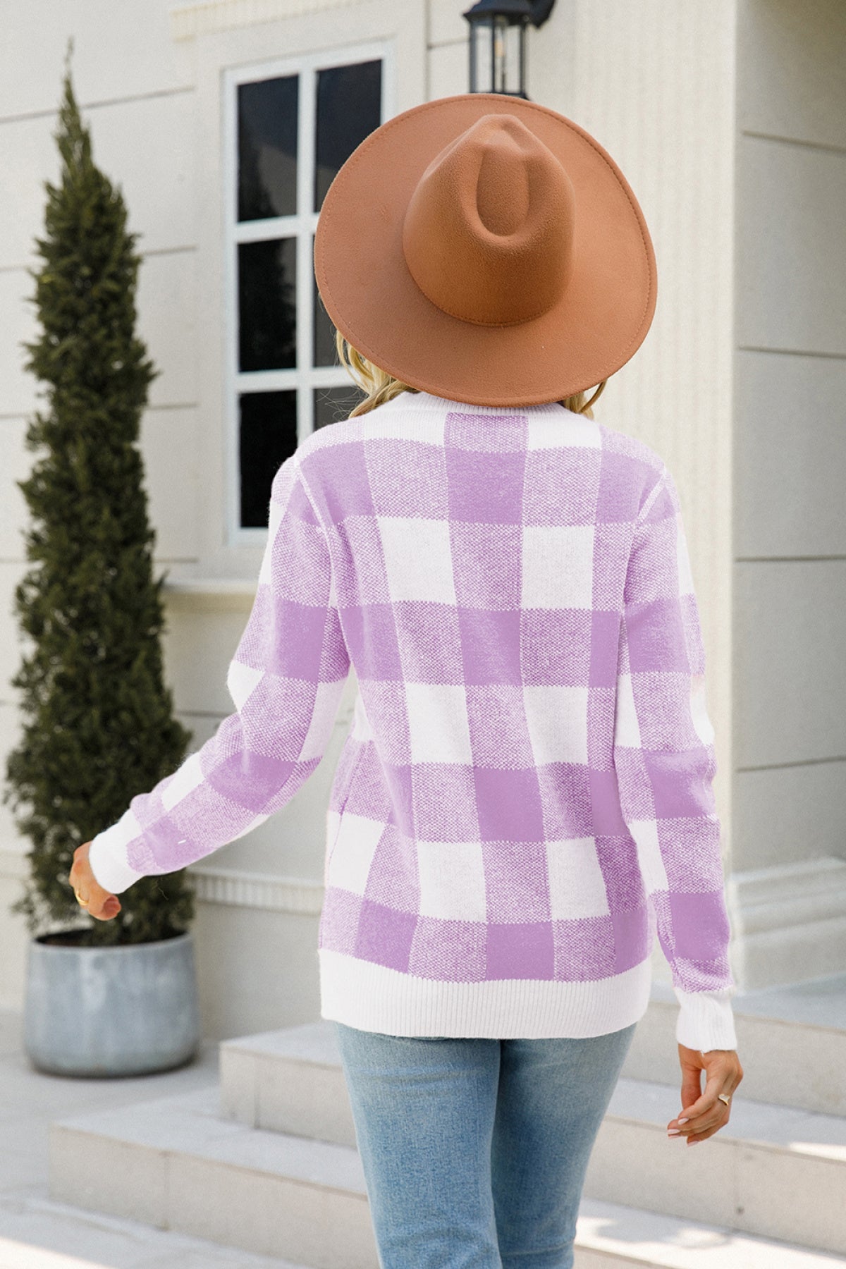 Crew Neck Long Sleeve Plaid Knit Sweater