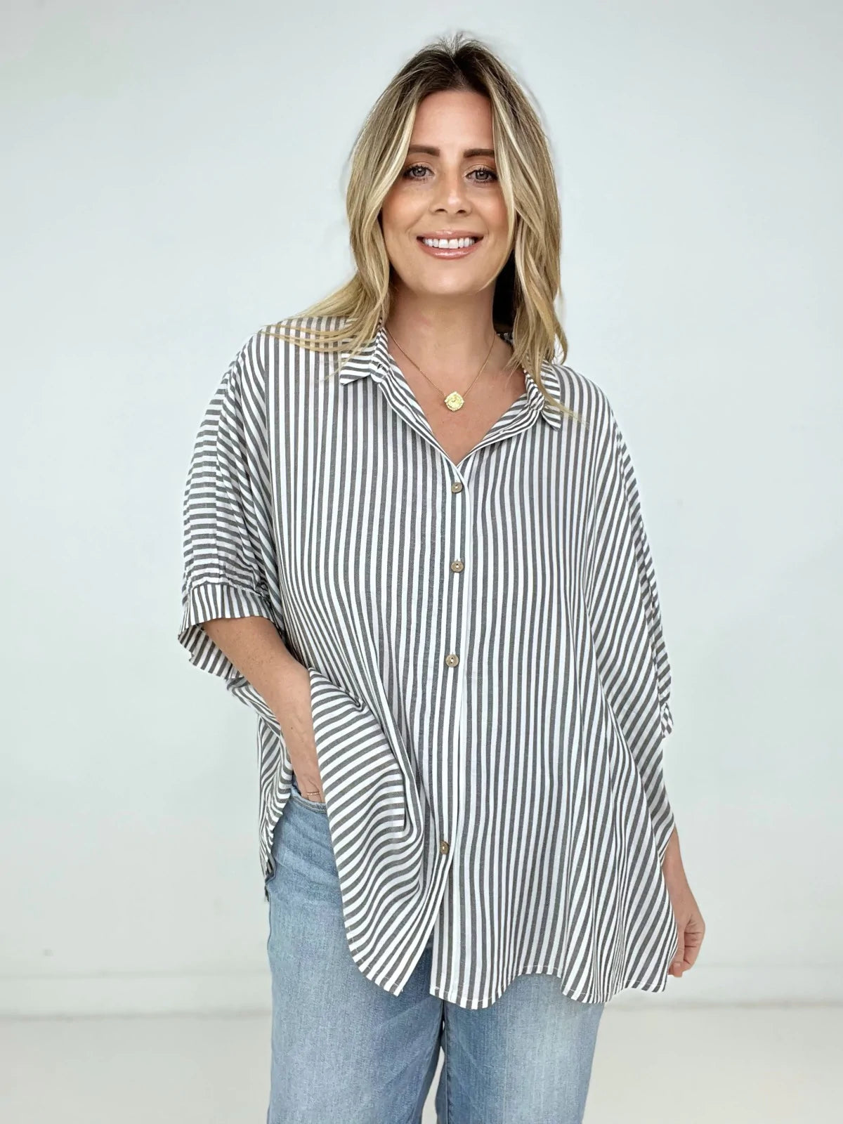 Zenana stripe button down top 