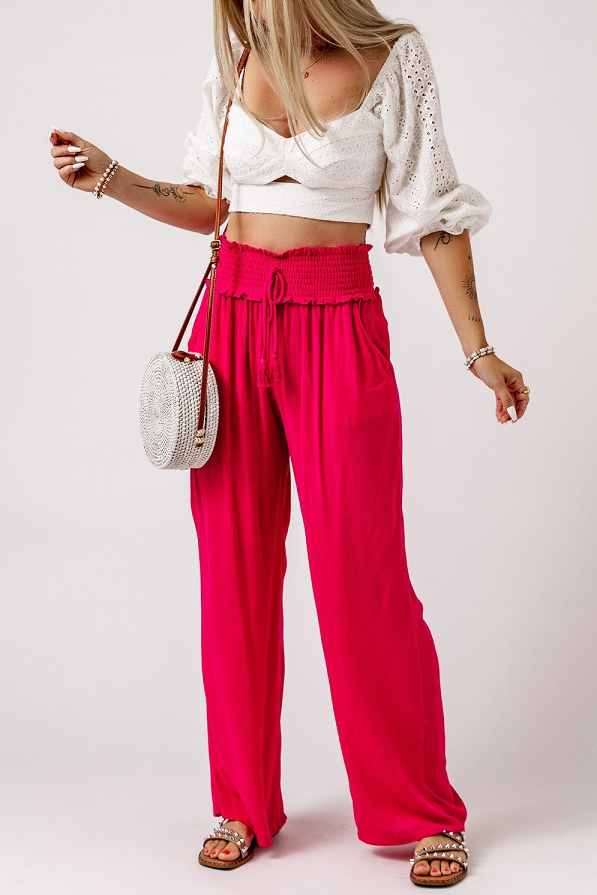 Smocked Elastic Waist Wide Leg Pants