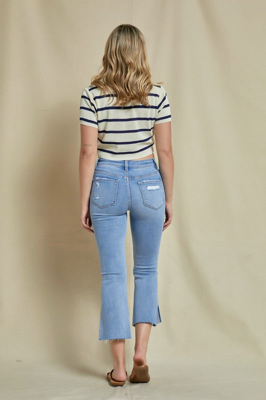 Mid-Rise Distressed Cropped w/ Slit Denim Jeans | MICA