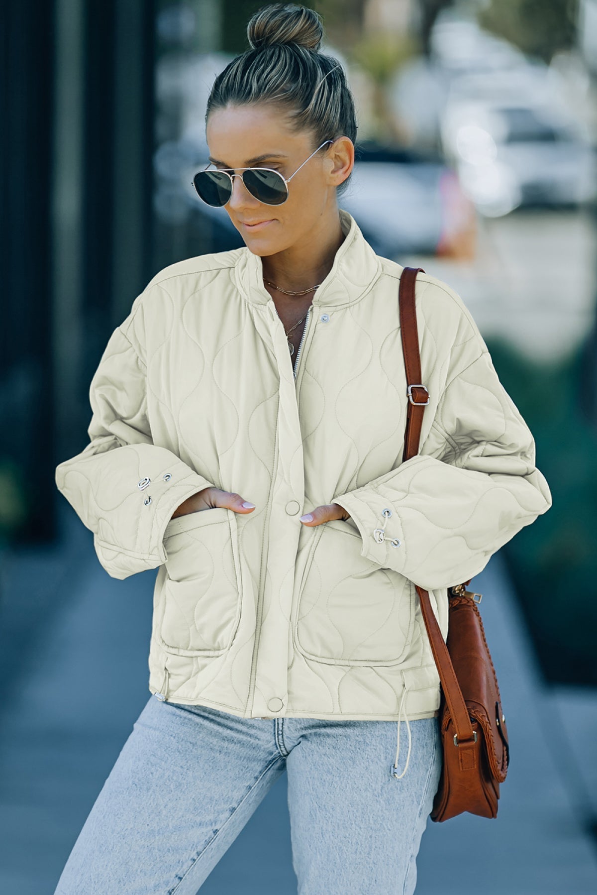 Khaki Stand Collar Quilted Liner Jacket