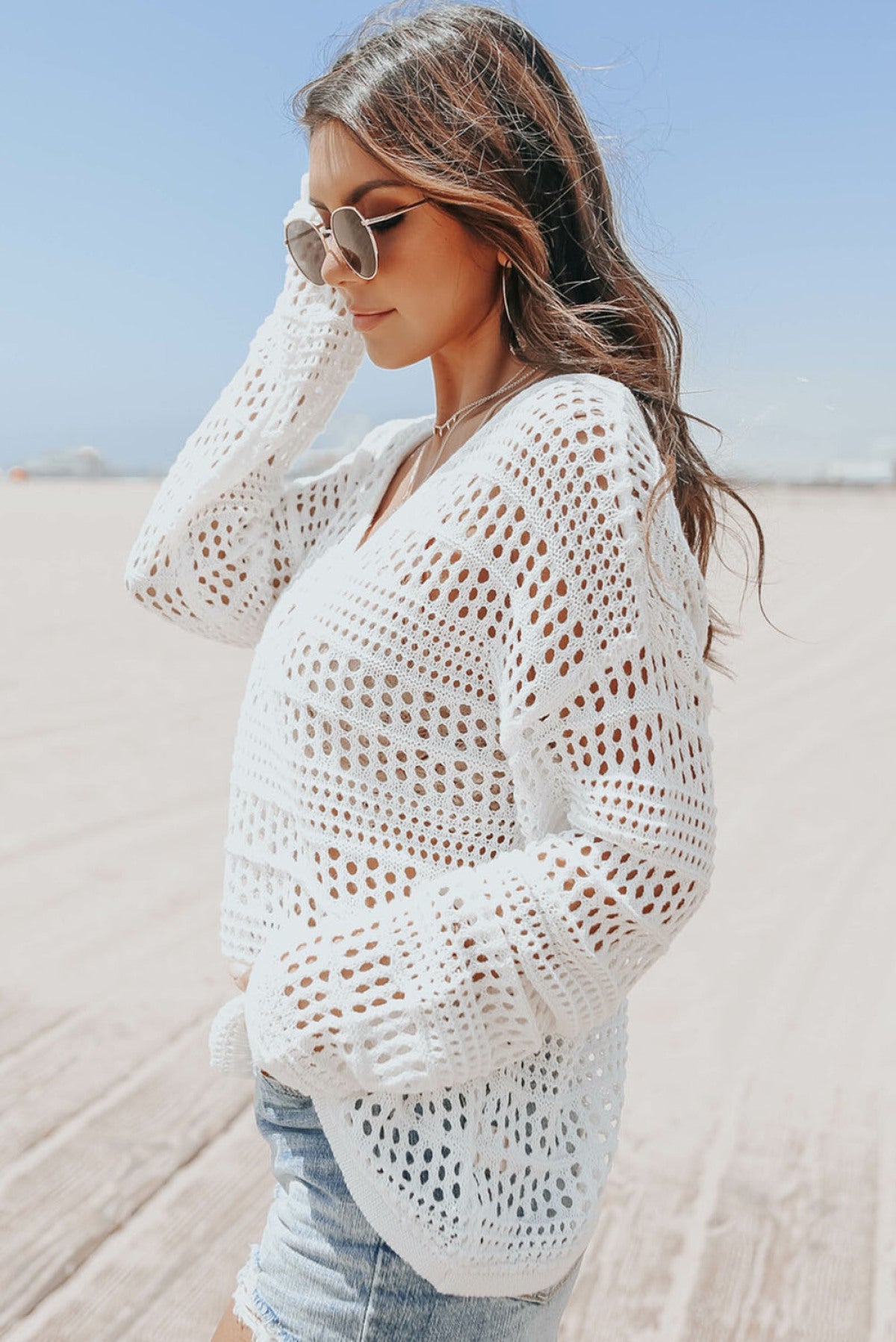 White Hollow Out Crochet V Neck Pullover Sweater