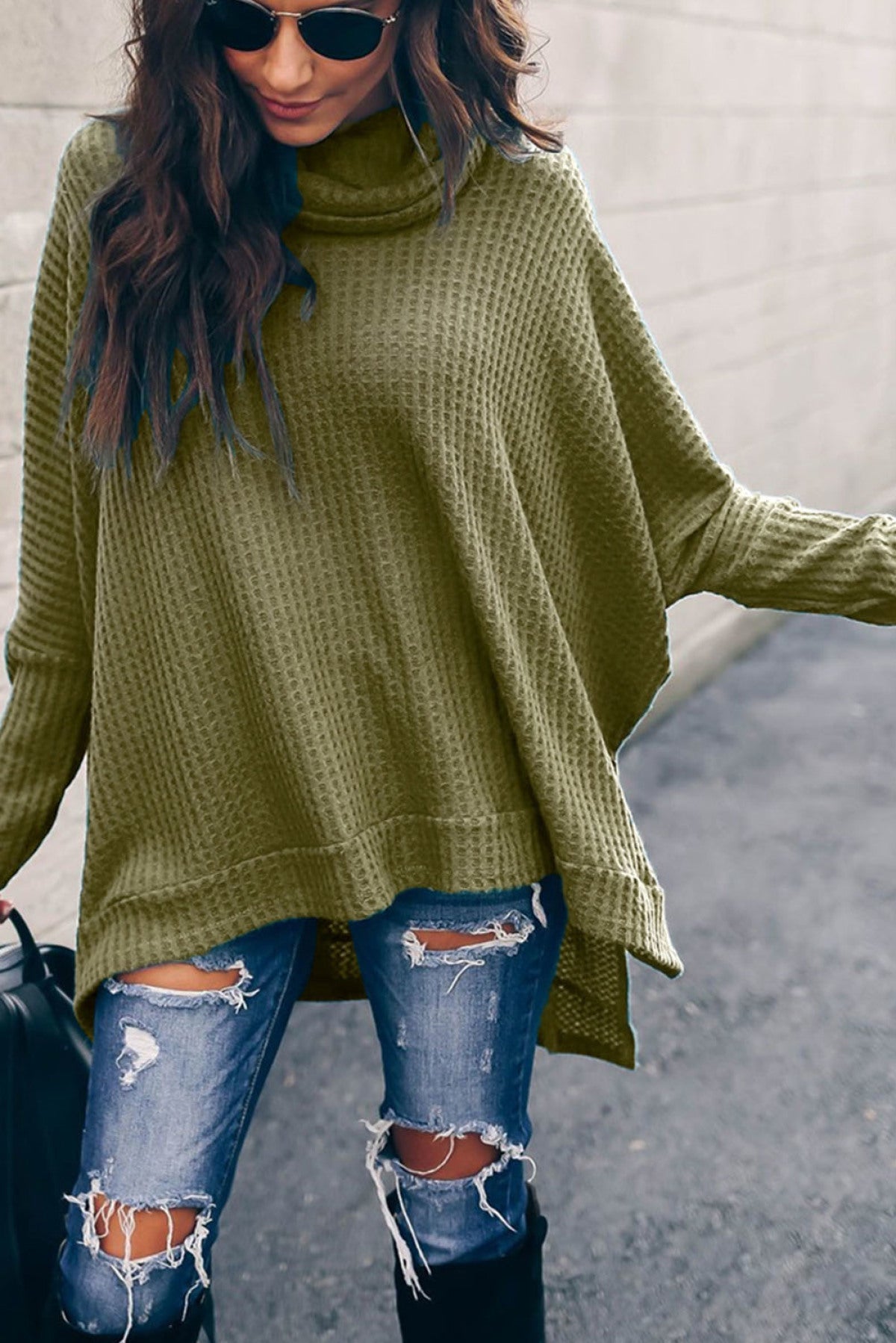 Turtleneck Waffle Knit Poncho Blouse