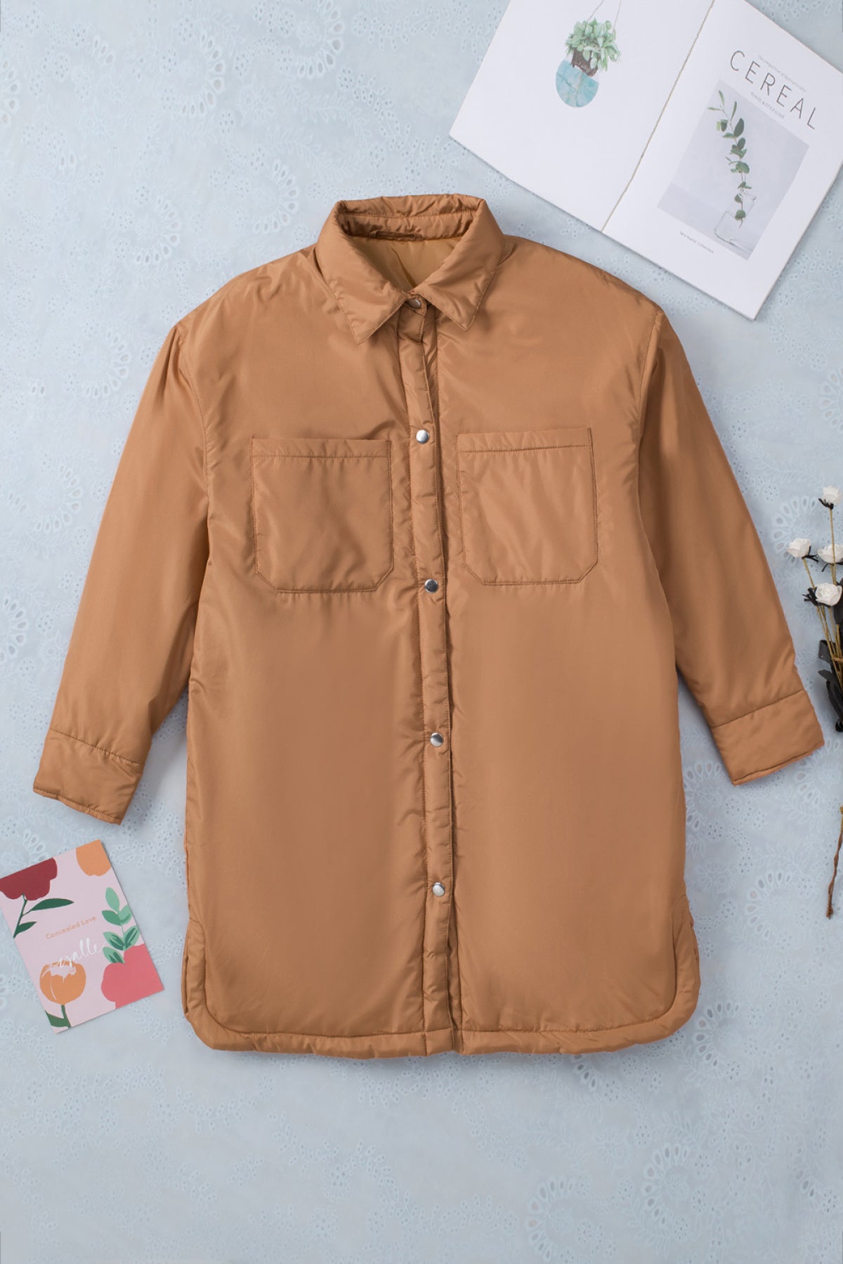 Brown Button Down Padded Jacket With Pockets