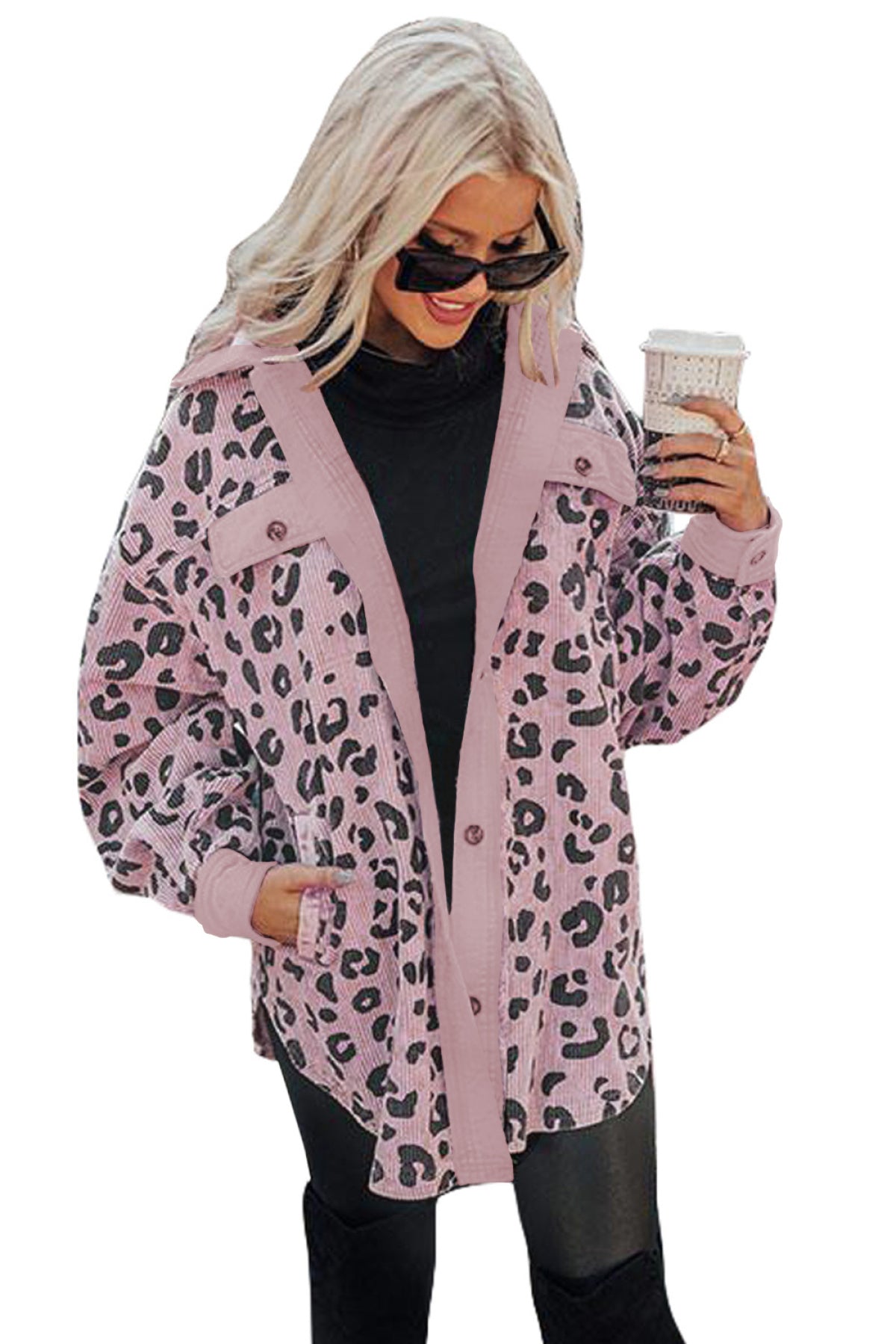 Pink Collared Neckline Flap Pockets Leopard Corduroy Jacket