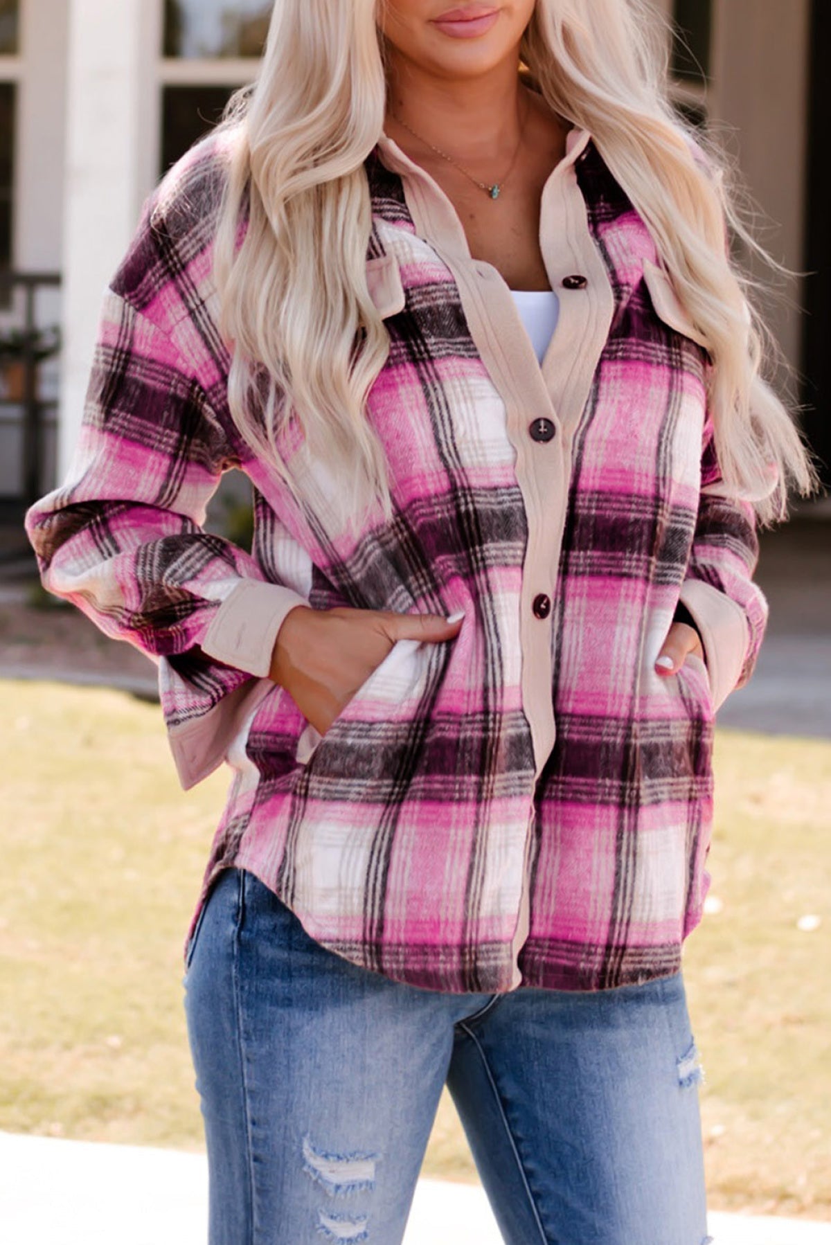 Contrast Trim Plaid Shacket