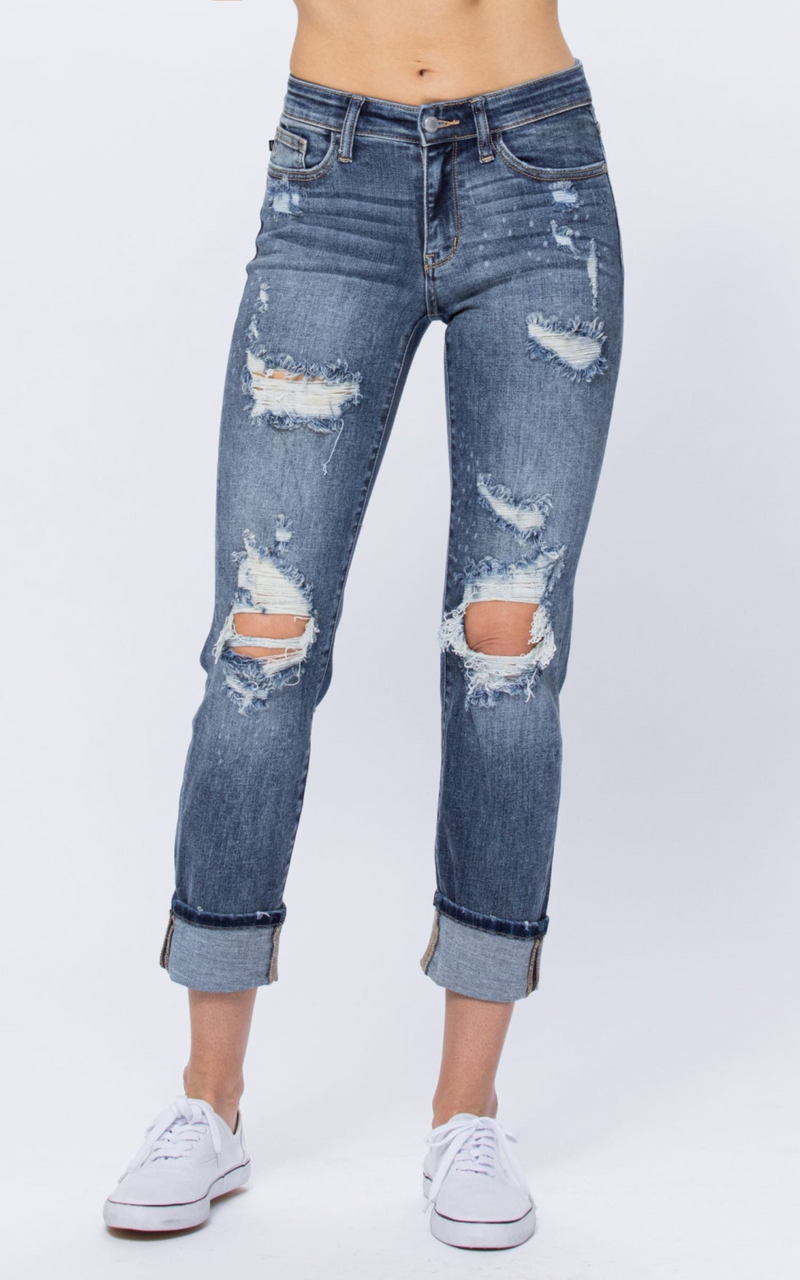 Judy Blue Full Size Mid-Rise Bleach Splash Boyfriend Jeans