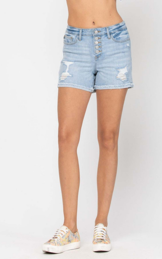 Judy Blue High Waist Cuffed Button-Fly Destroyed Denim Shorts