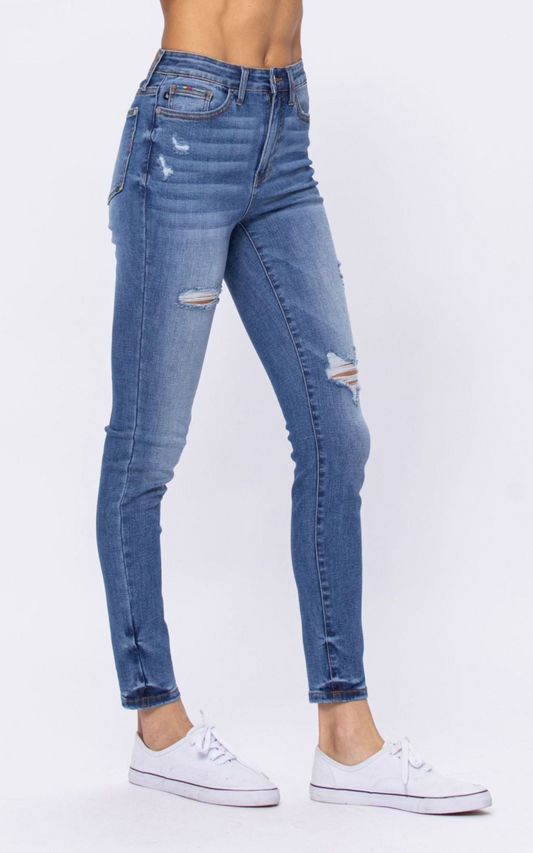 Judy Blue Light Blue Embroidery Pocket Distressed Skinny Jeans