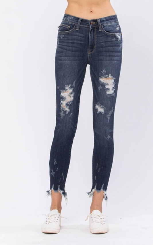 Judy Blue Mid-Rise Destroyed Hem Shark Bite Skinny Jeans