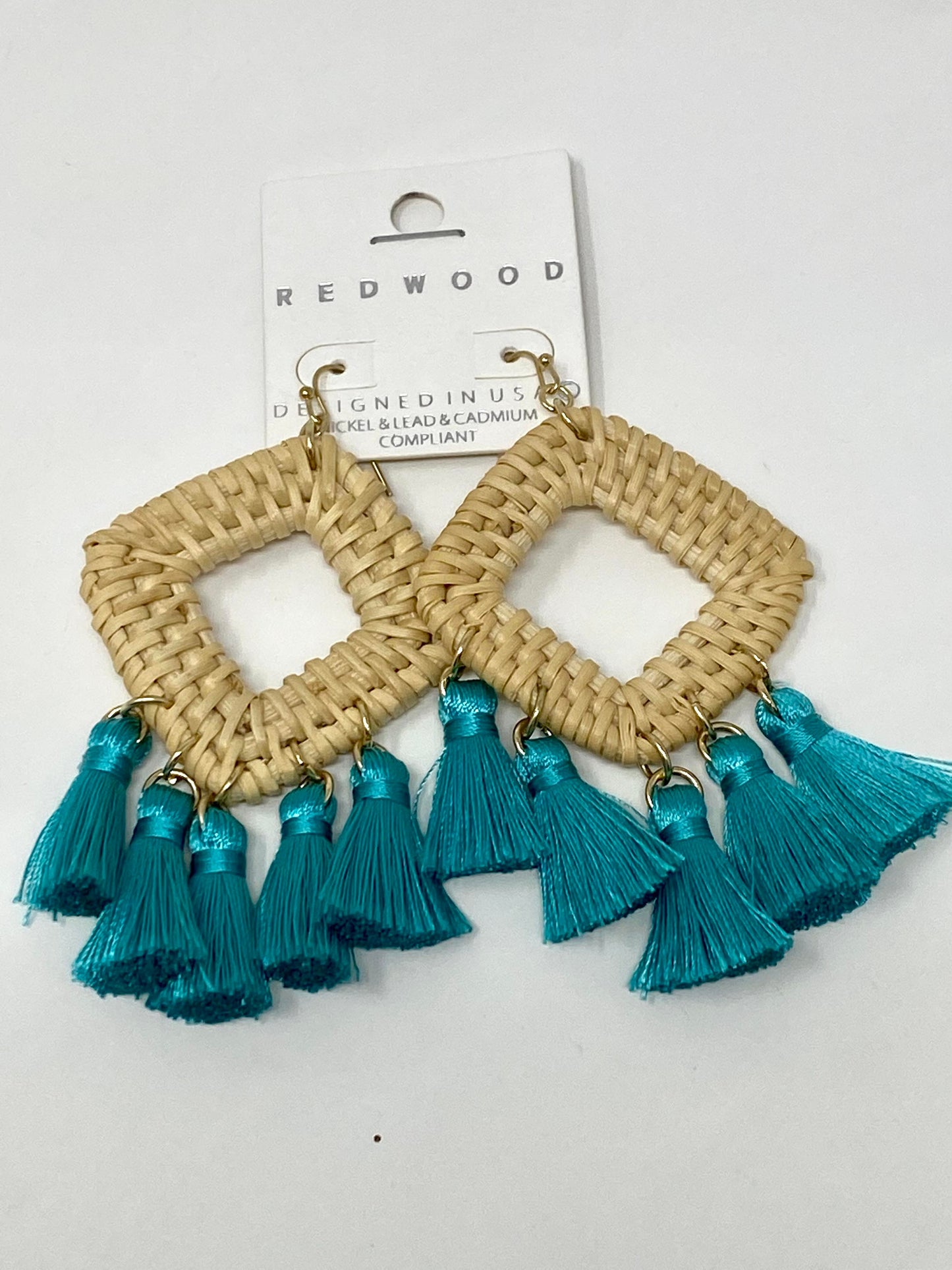 Teal Tassels w/ Wicker Diamond Earrings - Final Sale