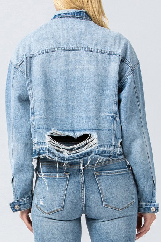 Distressed Oversized Denim Jacket - Vervet