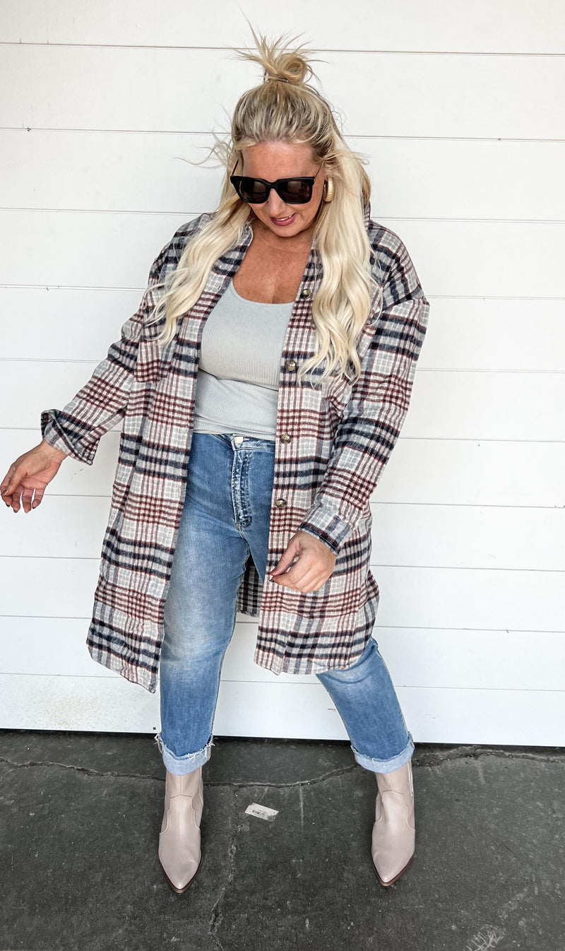 Whisk Away Navy/Grey Long Plaid Shacket - Final Sale