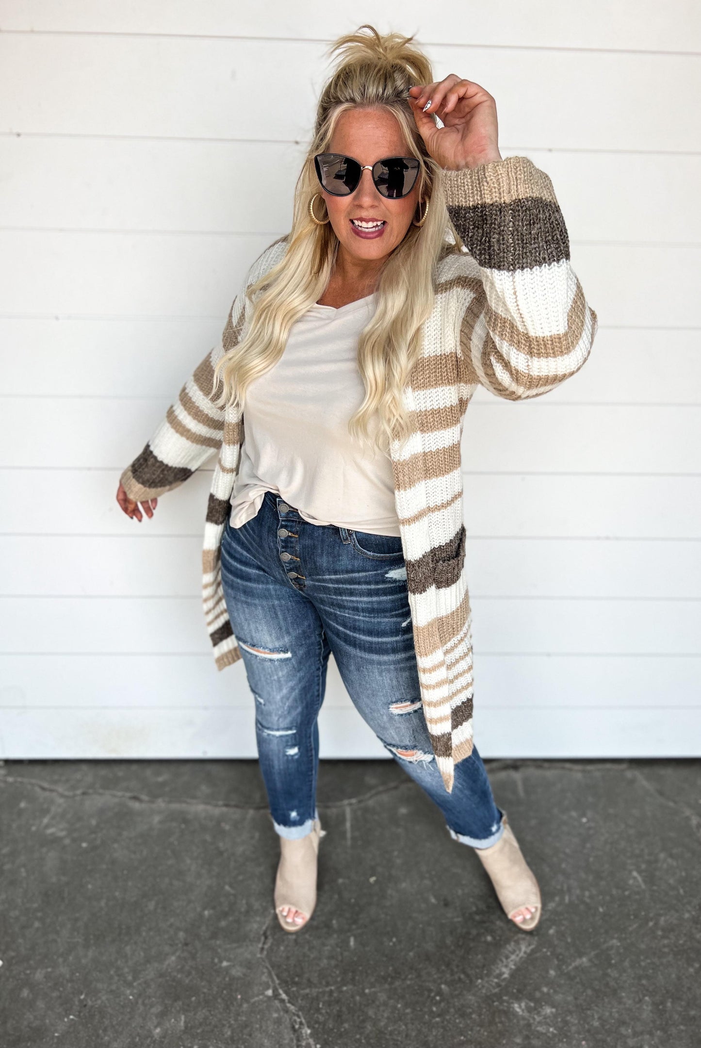 Striped Chunky Knit Full Body Cardigan with Bell Sleeves - Final Sale