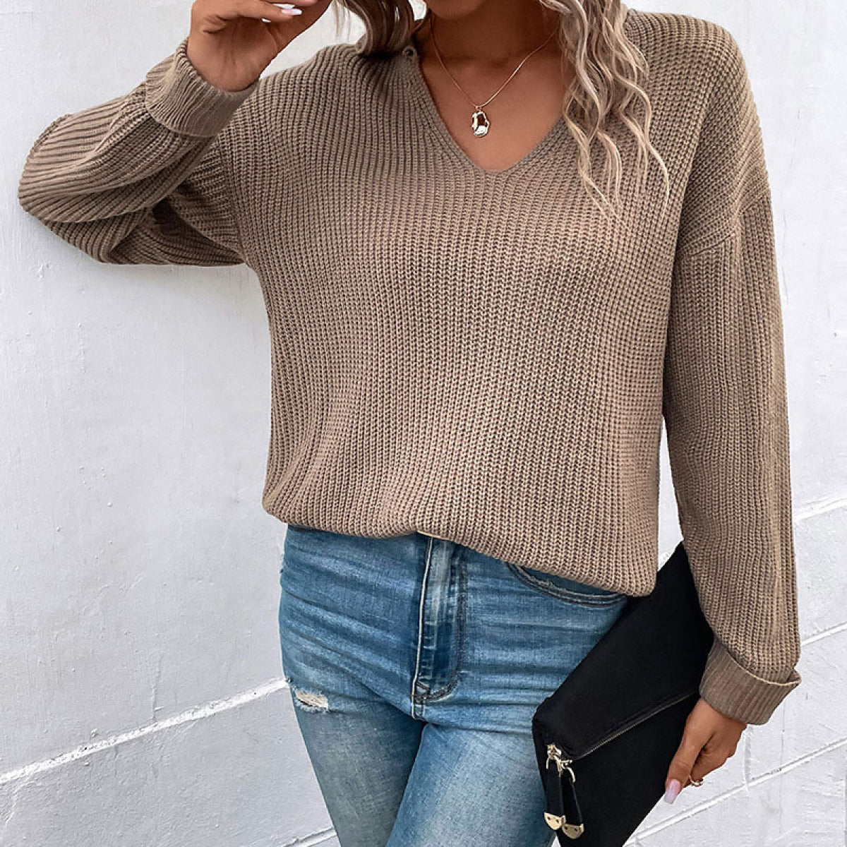 Brown V-Neck Knitted Sweater