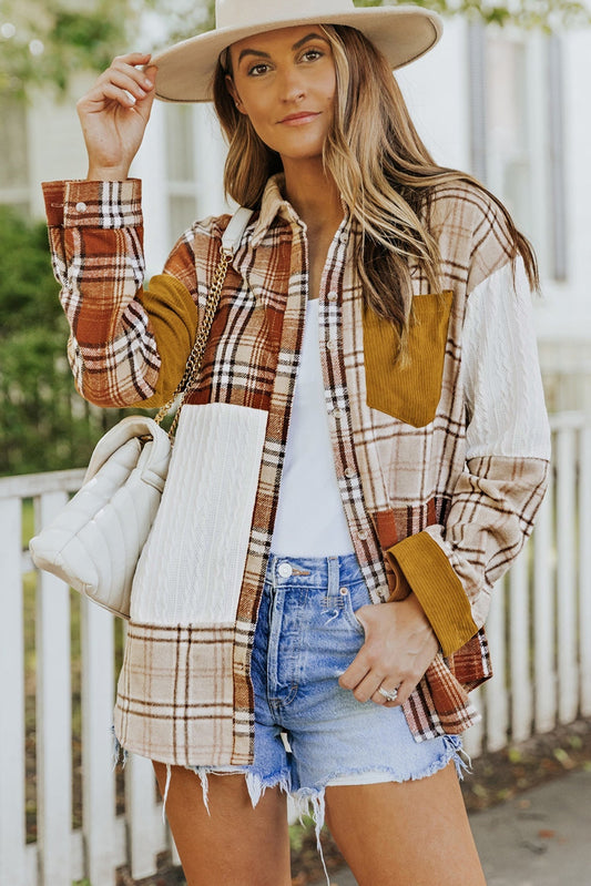 Orange Plaid Color Block Patchwork Shirt Jacket With Pocket